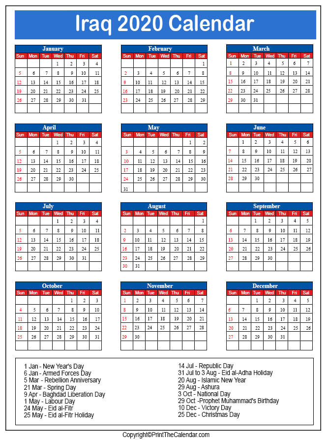 Iraq Printable Calendar 2020
